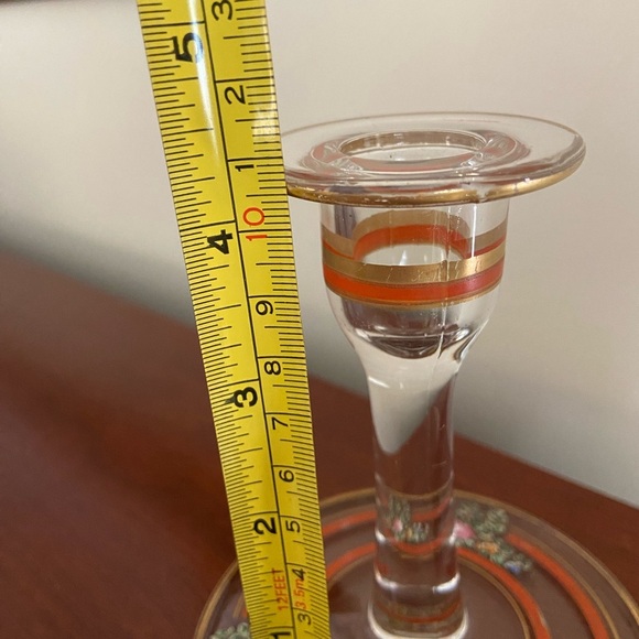 Vintage Set of 2 Candlesticks Clear w/ Hand painted Orange, Gold & Flowers - Picture 13 of 16